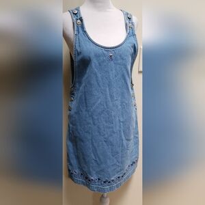 Y2K Blue Denim Overall Dress With Embroidered Flowers Size Small